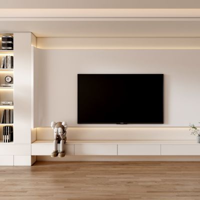 客餐厅侘寂奶油风电视沙发背景墙