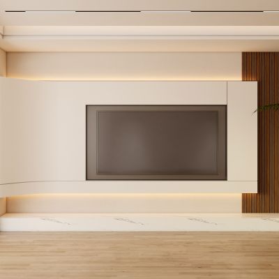 客餐厅侘寂奶油风电视沙发背景墙