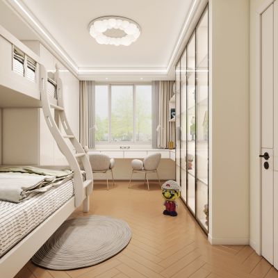 儿童房高低床侘寂奶油风卧室