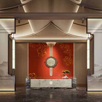 新中式酒店前台 接待台 服务台 隔断 壁灯