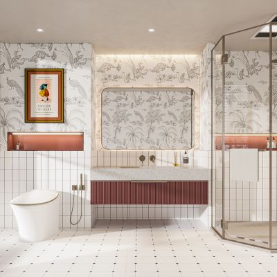 现代卫生间 浴室柜 洗脸盆 镜柜 玻璃隔断 花砖