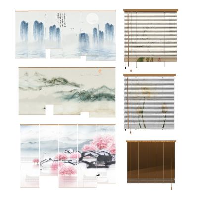 新中式山水帘窗帘竹帘席帘卷帘窗户百叶窗纱帘水墨画条幅画卷