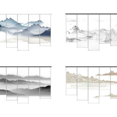 新中式山水帘窗帘席帘卷帘纱帘水墨画条幅