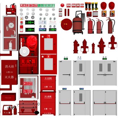现代消火栓消防设备消防设施消防器材灭火器逃生门消防灯具烟雾报警器安全出口指示牌消防工具