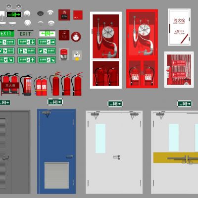 现代消火栓消防设备消防设施消防器材安全出口指示牌灭火器逃生门消防灯具烟雾报警器应急灯