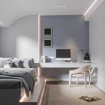 现代卧室 榻榻米卧室 饰品 休闲椅 床头吊灯 无主灯造形吊顶 衣柜