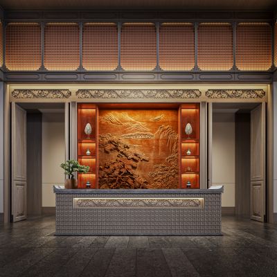 中式前台 接待台 服务台 背景墙 浮雕