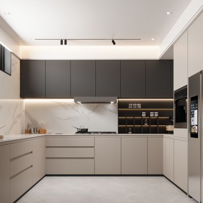 现代封闭式厨房 厨具用品 厨电 饰品摆件 电冰箱