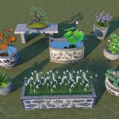 中式庭院小品_水缸_盆栽