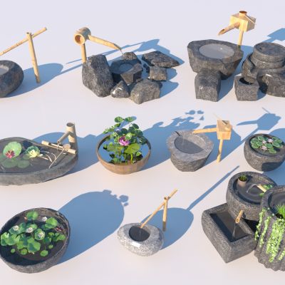 中式水景_流水钵_惊鹿_水景石头