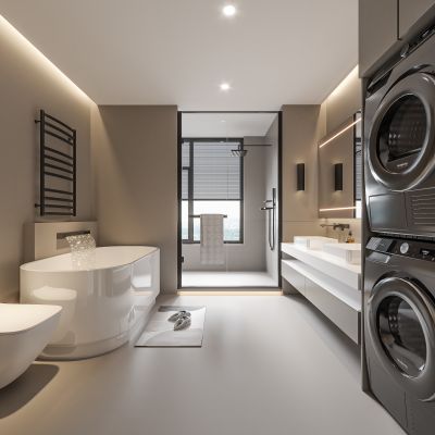 现代卫生间 浴室柜 洗脸盆 镜柜 玻璃隔断 浴缸 洗衣机