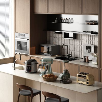 现代厨房电器组合 微波炉 电饭煲 烤面包机