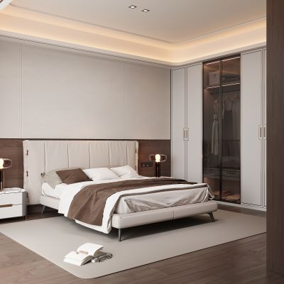 现代家居卧室 双人床 主卧 衣柜 床头柜 饰品摆件