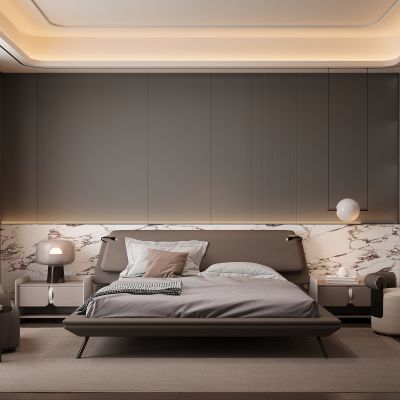 现代家居卧室 双人床 主卧 衣柜 床头柜 饰品摆件