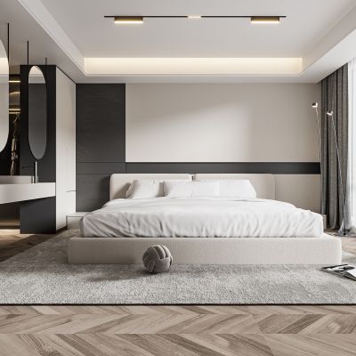 现代卧室 双人床 饰品 休闲椅 床头吊灯 无主灯造形吊顶 衣柜