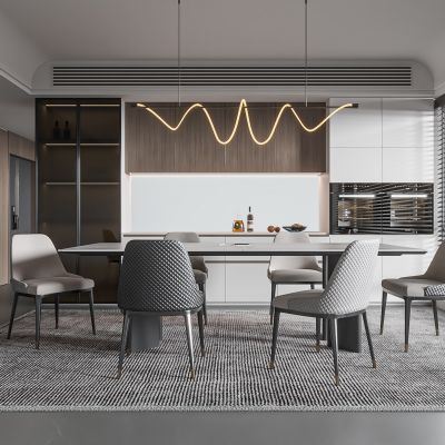 现代家居餐厅 餐桌椅组合 酒柜组合 饰品SU模型