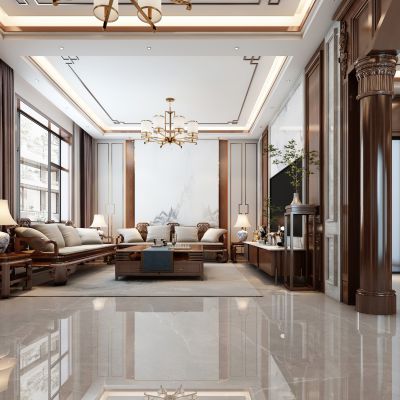 中式别墅客餐厅3D模型下载