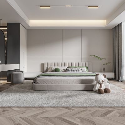 现代卧室 双人床 饰品 休闲椅 床头吊灯 无主灯造形吊顶 衣柜