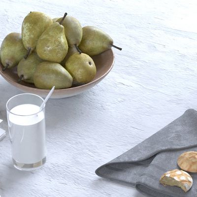 餐具 食物 水果 梨 牛奶