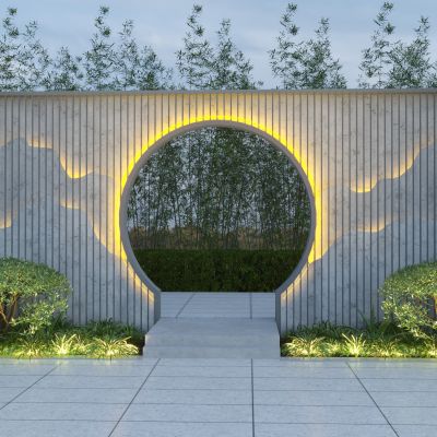 新中式景墙围墙 居住区景墙格栅月亮门 金属格栅