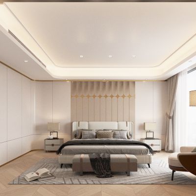 卧室 双人床 单人沙发 落地灯 床头柜 台灯 窗帘 