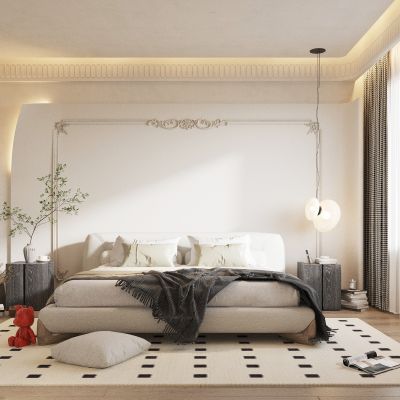 卧室 双人床 吊灯 床头柜 窗帘 壁灯