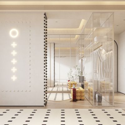 梳妆台 镜子 窗帘 衣帽间 壁灯  书架