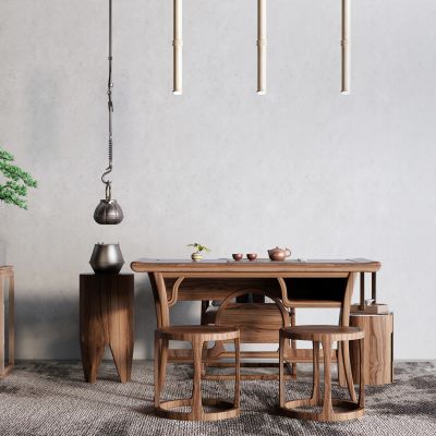 中式盆栽 茶具 茶桌椅 吊灯3D模型