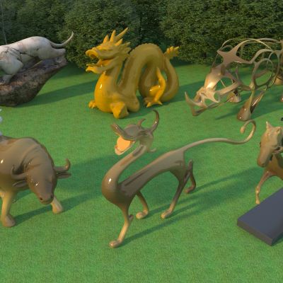 现代几何动物雕塑小品组合