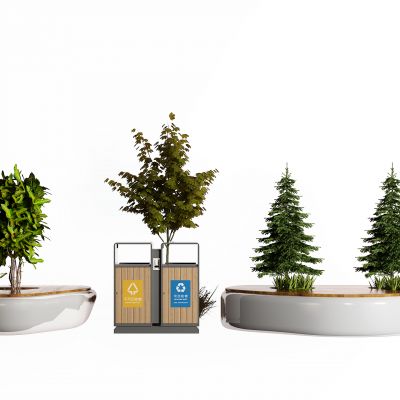 现代景观树 户外椅 垃圾箱 草