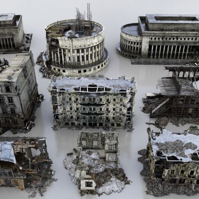 现代建筑废墟组合3D模型