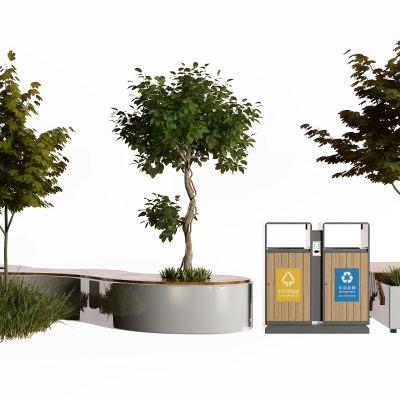 现代景观树 户外椅 垃圾箱 草