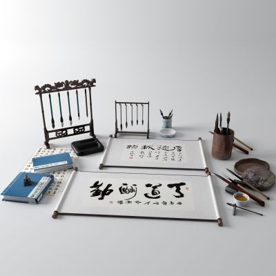 中式文房四宝 毛笔 砚台 字画 挂画