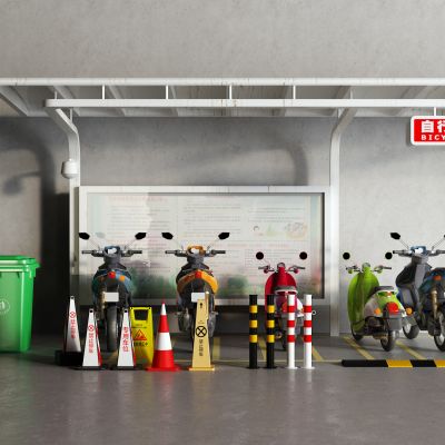 现代停车棚 电瓶车 垃圾桶