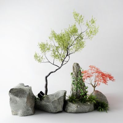 现代景观树 石头 草