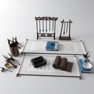 中式文房四宝 毛笔 砚台 字画 挂画