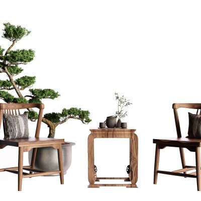 新中式休闲椅 茶几 盆栽