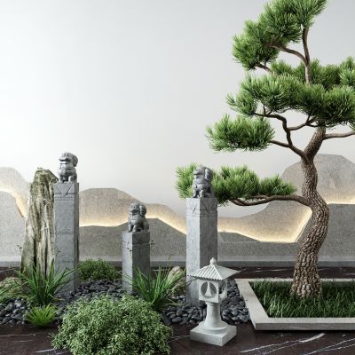 新中式松树 石狮子 假山 假石 景观小品