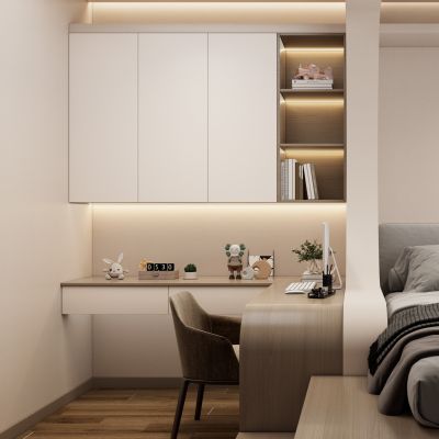 意式奶油风隔断造型书桌一体柜榻榻米书房