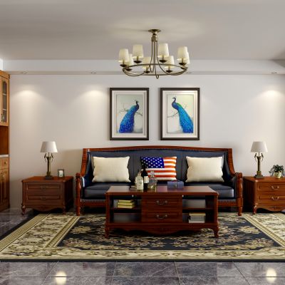 全屋定制 欧式客厅 玄关柜 酒柜 阳台柜 实木 红橡开放漆 沙发茶几组合