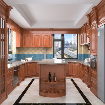 全屋定制 欧式厨房 岛台 雕花 罗马柱 实木 红橡木
