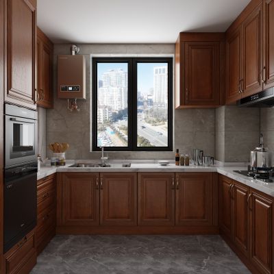 全屋定制 欧式厨房 橱柜 吊柜 实木红橡木3D模型