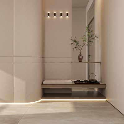 新中式 奶油 诧寂风 弧形 茶桌 入户隔断 玄关