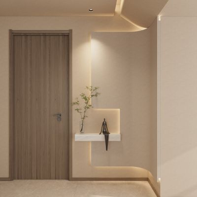 北欧 奶油 实木风 弧形 造型 灯带吊顶 入户玄关