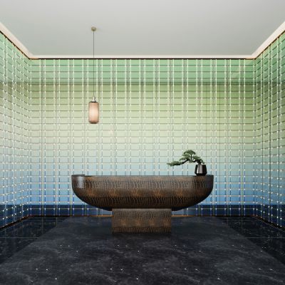 渐变玻璃隔断屏风新中式前台背景墙