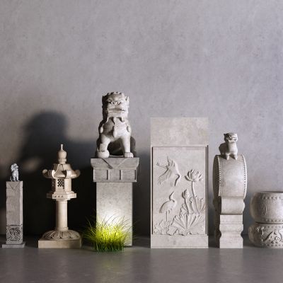 中式石狮子 石雕 石鼓 栏杆 石灯 日晷