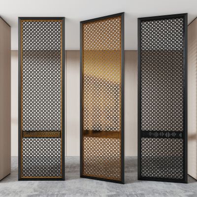 新中式玄关不锈钢金属隔断屏风花格雕花