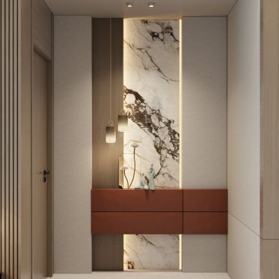新中式 奶油 轻奢风 岩板 扣板造型 走廊  端景 玄关