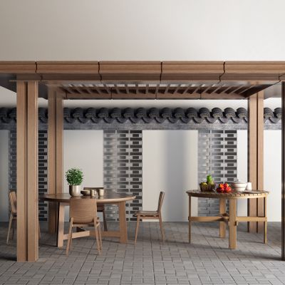 现代户外桌 遮阳伞 围墙 凉亭