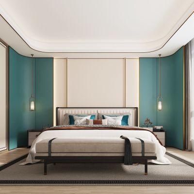 新中式卧室床头背景墙3D模型